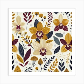 Scandinavian style,Pattern with yellow and burgundy Orchid flowers Art Print