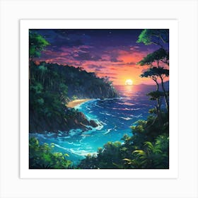 Tropical Beach Sunset Viewed From a Lush Forest Cliff at Dusk Art Print