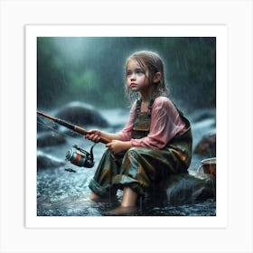 Little Girl Fishing In The Rain Art Print