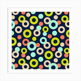 DROPS Polka Dots Rings Abstract Geometric in Retro Green Mint Orange Cream on Midnight Blue Art Print