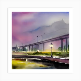 Watercolor Of A Bridge Landscape Art Print