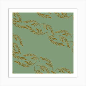 Golden Florals On Green Pattern Square Art Print