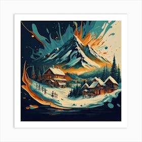 Abstract painting of a mountain village with snow falling 7 Art Print