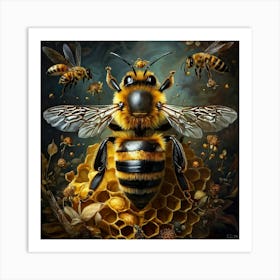 Surreal Portrait Of A Bee Human Hybrid Embodying A Regal Poise Crown Adorned With Bee Motifs Resti Art Print