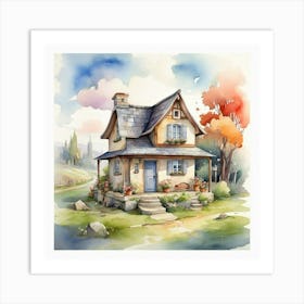 A Little House In The Village Cartoon Watercolor Dra 2 Art Print