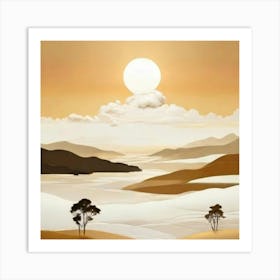 Sunset Over The Hills gold and beige Art Print