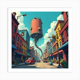 Titan Crushing Buildings In A Colorful, Chaotic City 1 Art Print