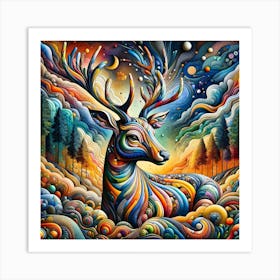 "Enchanted Wilderness: The Majestic Stag" - This vibrant tapestry of colors brings to life a majestic stag, symbolizing nature's splendor and the mystical beauty of the wilderness. The intricate details and flowing lines create a surreal landscape that merges with the creature, embodying the essence of the forest and the sky. This piece is a celebration of wildlife, fantasy, and the seamless dance between the earthly and the ethereal. It's perfect for those who wish to bring the magic of nature's artistry into their home, creating a focal point of awe and wonder that captivates and inspires. Art Print