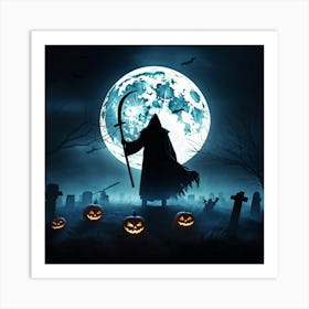 Reaper Silhouette Scythe Raised Against A Backdrop Of A Full Moon On Halloween Night With Wisps O (2) Art Print