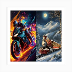 Motorcycle And A Train Art Print