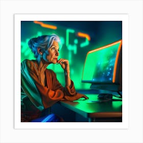 Middle Aged Woman Looking At Futuristic Computer Screen With Green Ambient Background Art Print