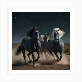 Three Horses Running At Night Art Print