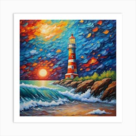 Lighthouse At Night.Sunrise Serenity: Vibrant Seascape Oil Painting wall art Art Print