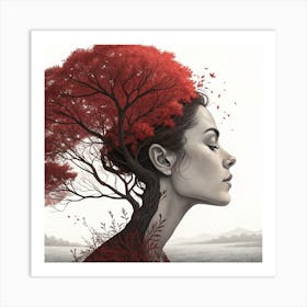 THE ROOTED SPIRIT OF A WOMAN AND A TREE WITH VIBRANT RED FOLIAGE Art Print