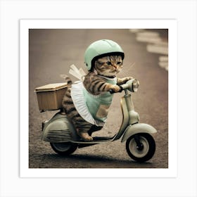 Cute Cat Riding A Scooter 1 Art Print