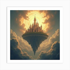 Giant Floating Castle Surrounded By Swirling Magical Clouds And Golden Light 1 Art Print