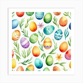 Pattern With Easter Eggs, Flowers And Leaves, In A Watercolor Painting Style Affiche