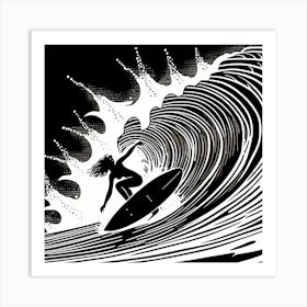 Linocut Black And White Surfer Girl On A Wave art, surfing art 1 Art Print