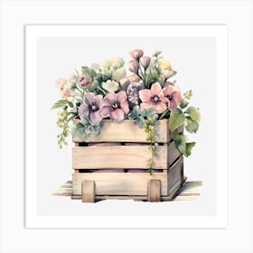 Watercolor Flowers In A Wooden Crate Art Print