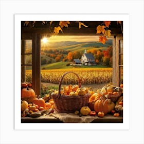 An Idyllic Rustic Autumn Setting A Basket Brimming With Fresh Harvest Of Corn And Pumpkin Wood Br (1) 2 Art Print