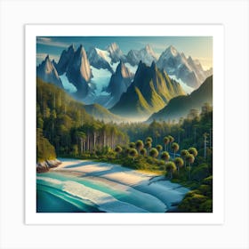 A Stunning Natural Landscape Showcasing A Combination Of Majestic Mountains, Serene Beaches, And Lush Forests Art Print