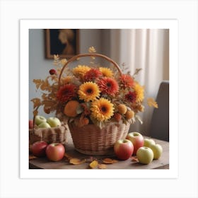 Photo An Autumn Flower Arrangement In A Basket Is On The Table Next To A Hat And Apples 0 Art Print