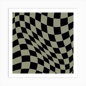 Warped Checker Black Beige Square Art Print