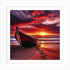 Sunset Boat On The Beach Art Print