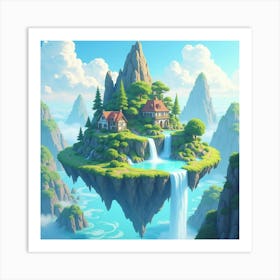 Floating Magical Islands With Waterfalls, Watercolor 1 Art Print