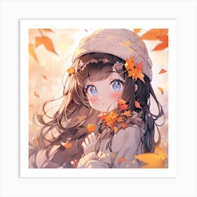 Anime Girl In Autumn Leaves Art Print