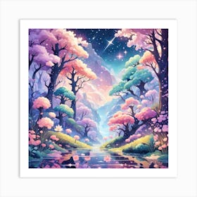 A Fantasy Forest With Twinkling Stars In Pastel Tone Square Composition 175 Art Print