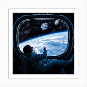 An Astronaut Floats In Zero Gravity Hands Clasped Framed By The Panoramic Viewing Window Of A Spac Art Print