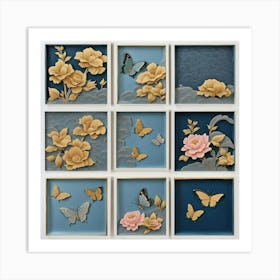 Flower and butterfly panels Art Print
