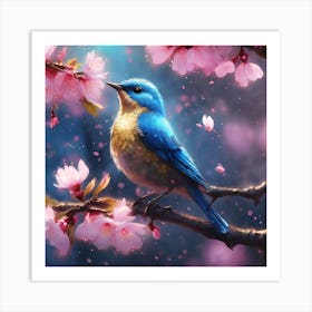 Blue and Gold Bird amongst the Falling Cherry Blossom Petals Art Print