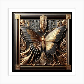 Ancient Egyptian Black & Gold Panel with Butterfly & Hieroglyphs IIV Art Print