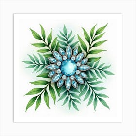 Aquamarine Brooch, Watercolor, Lush Tropical Foliage 1 Art Print