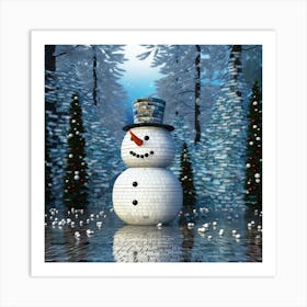 Mosaic Snowman In The Forest Art Print