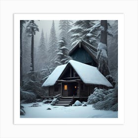 Small wooden hut inside a dense forest of pine trees with falling snow 14 Art Print