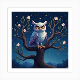 A Mystical Owl Perched On A Tree Of Glowing Flowers, Under A Starry Night Sky Art Print