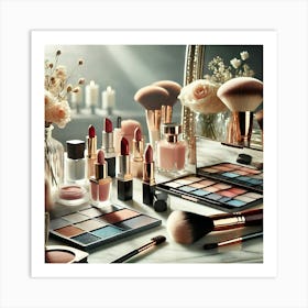 Chic Makeup Essentials Wall Art: A Stylish Arrangement of Beauty Products for Feminine and Modern Decor Print Art Art Print