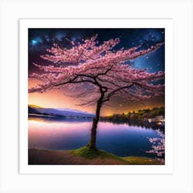 Cherry Blossom Tree At Night Art Print