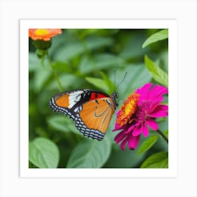 Butterfly On Zinnia Flower 1 Art Print