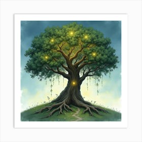 Ancient Mystical Tree With Glowing Runes, Watercolor 1 Art Print