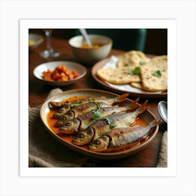 A Traditional Meal With Grilled Fish, Flatbreads, And Spiced Vegetables On A Table Art Print