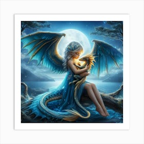 Young blue dragon with her little dragon friend under the moon   Art Print