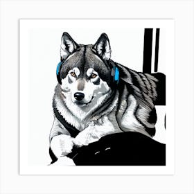 Husky Dog With Headphones Art Print