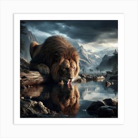 Lion In Water Art Print