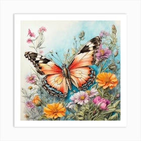 Butterfly And Flowers Art Print