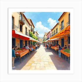 Watercolor View Of A Traditional Spanish Market With Colorful Stalls Art Print