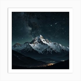 A Majestic Mountain Range With Snow Capped Peaks And A Clear, Starry Night Sky 2 Art Print